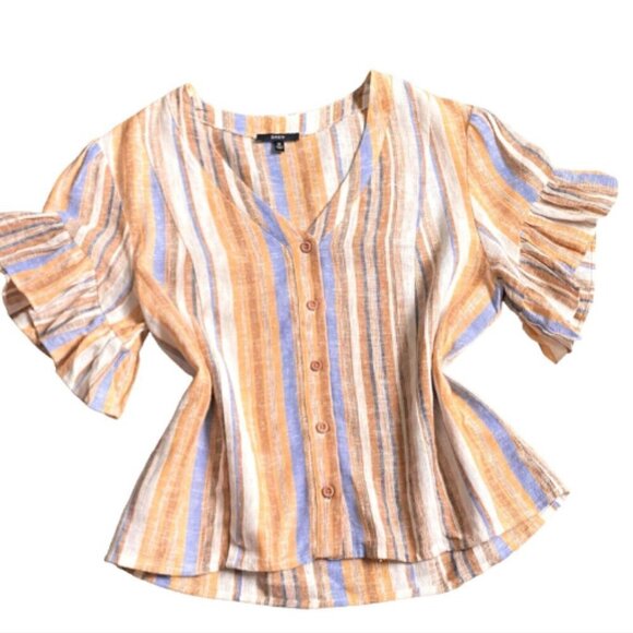 DREW "Beverly" Linen-Rayon Blend Striped Button-Up Ruffle Sleeve Top Sz M #231E - Picture 2 of 10